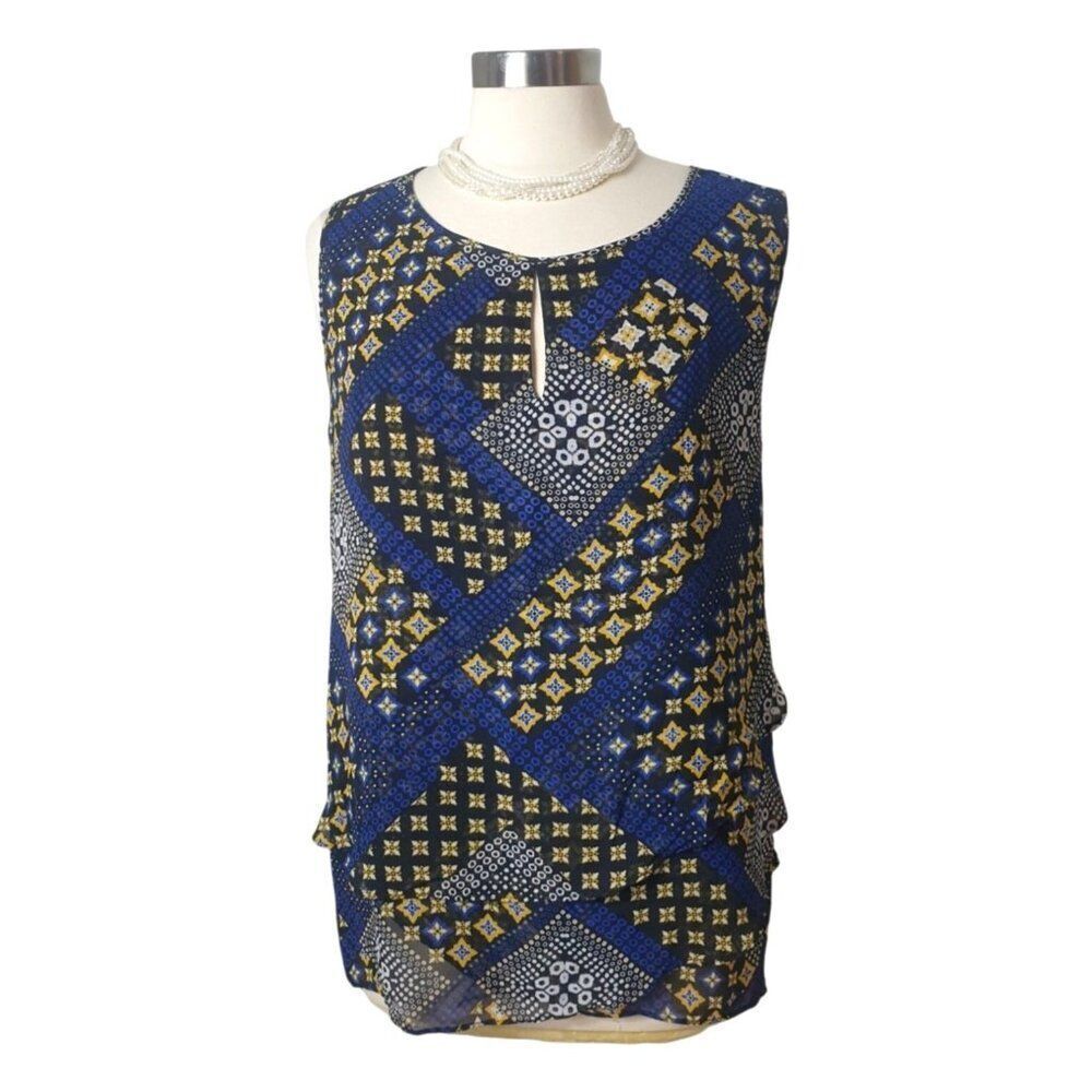 Roz & Ali Womens Plus Sleeveless Blouse 2X Blue Artsy Geometric Keyhole Boho